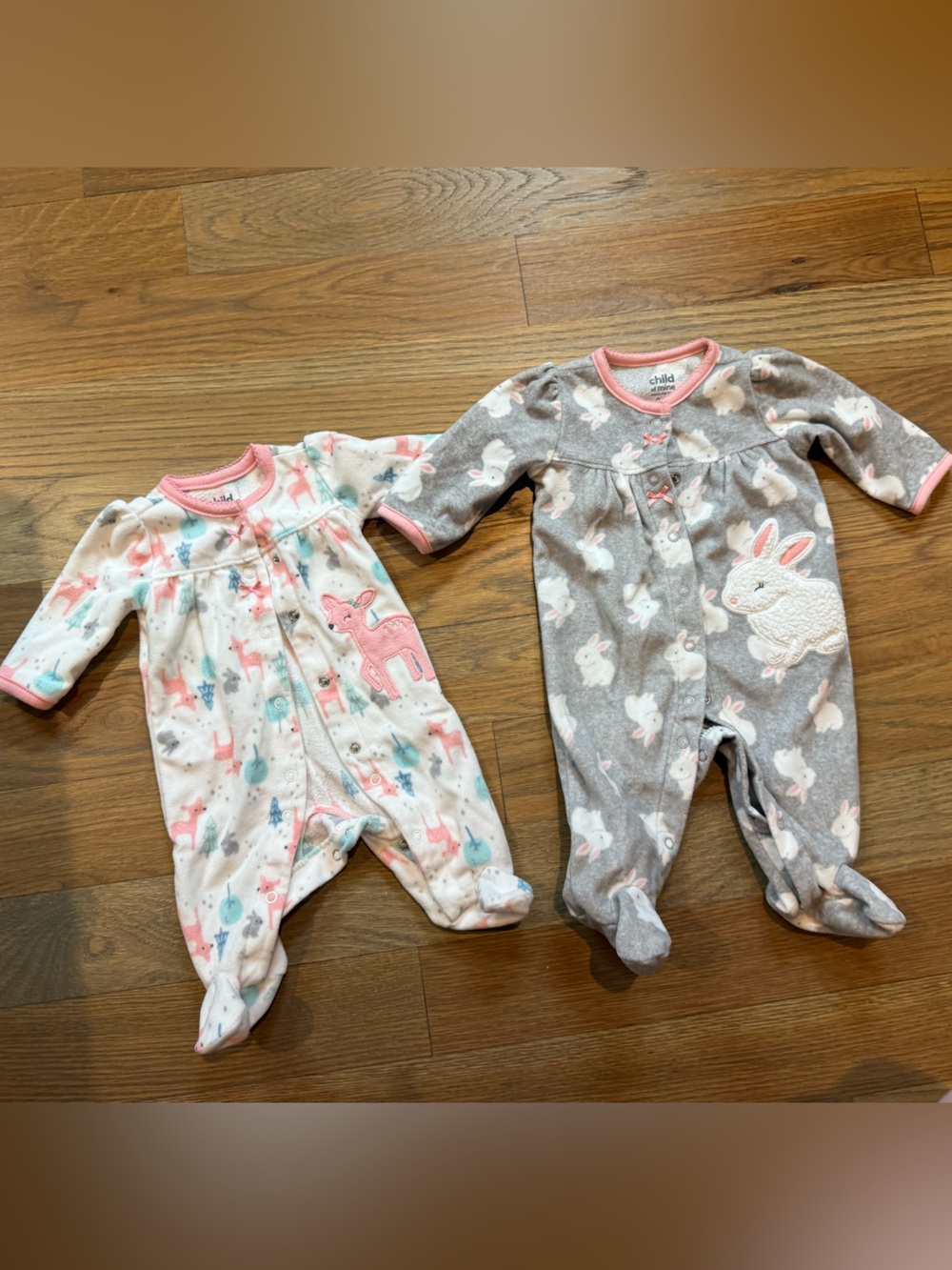 child of mine Pink, Gray & White Bunny and Deer Footed One-Piece Set